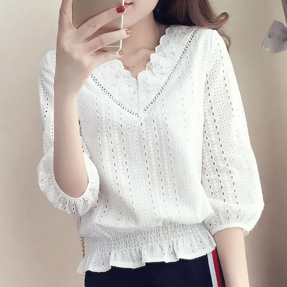 Women's White Blouse Lace Crochet Tops V Neck - Assorted Buy Online