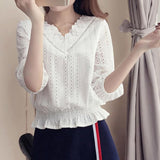 Women's White Blouse Lace Crochet Tops V Neck - Assorted Buy Online