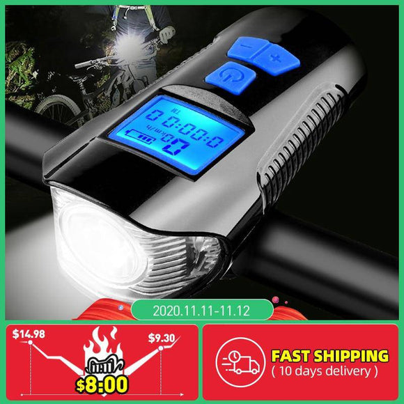 Waterproof Bicycle Light USB Charging Bike Front Light Flashlight Handlebar Cycling Head Light w/ Horn Speed Meter LCD - Assorted Buy Online