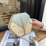 Hexagon Multi Style Straw+leather Handbag Women Summer Rattan Bag Handmade Woven