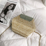 Hexagon Multi Style Straw+leather Handbag Women Summer Rattan Bag Handmade Woven